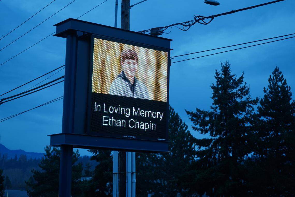 An image of Ethan Chapin is displayed on an electronic marquee at Skagit Valley Community College during his memorial there Monday, Nov. 21, in Mount Vernon, Wash.