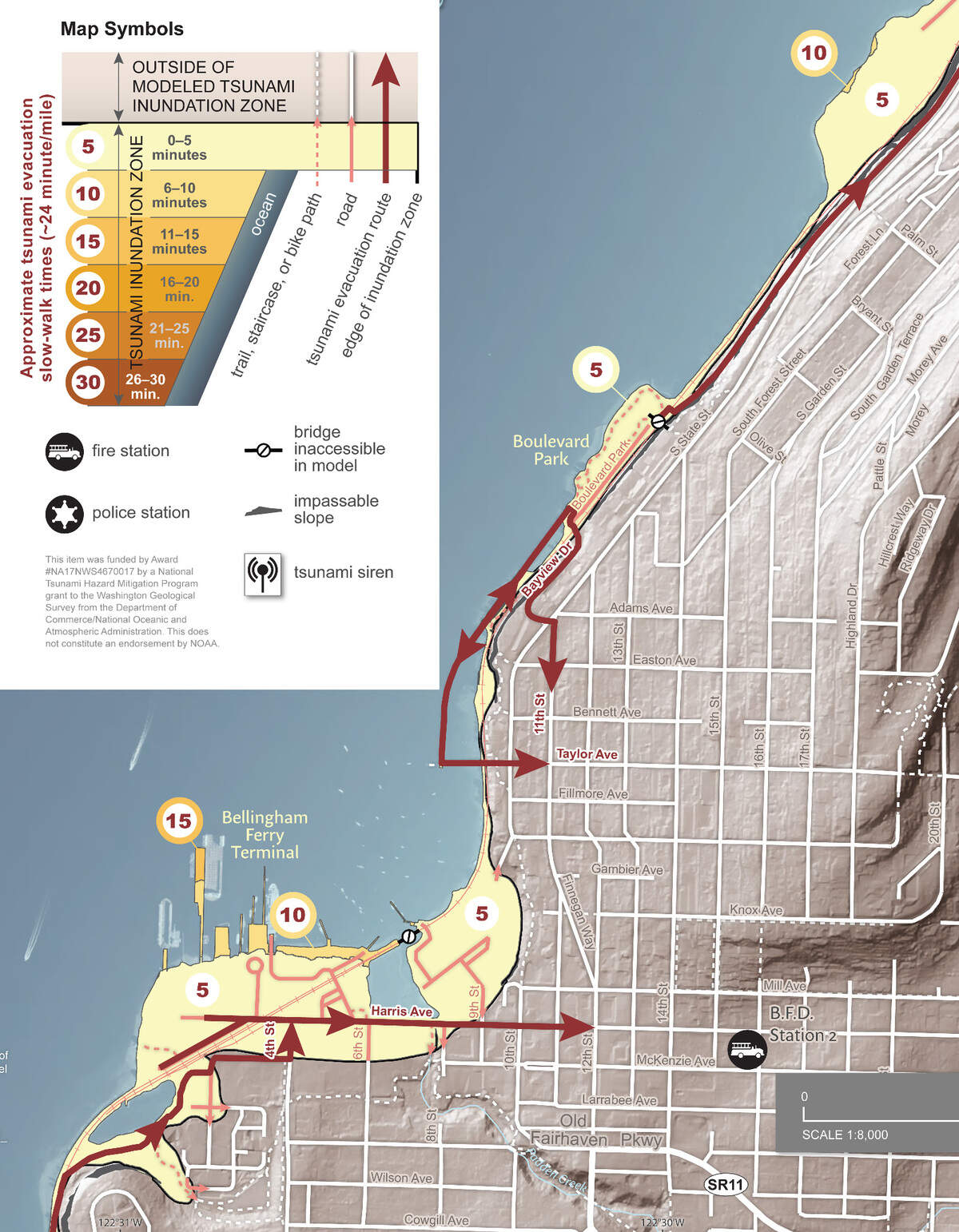 The Department of Natural Resources has created a walking evacuation map for Bellingham, showing the routes and estimated it would take to walk to safety in the event of a Cascadia zone earthquake and resulting tsunami.