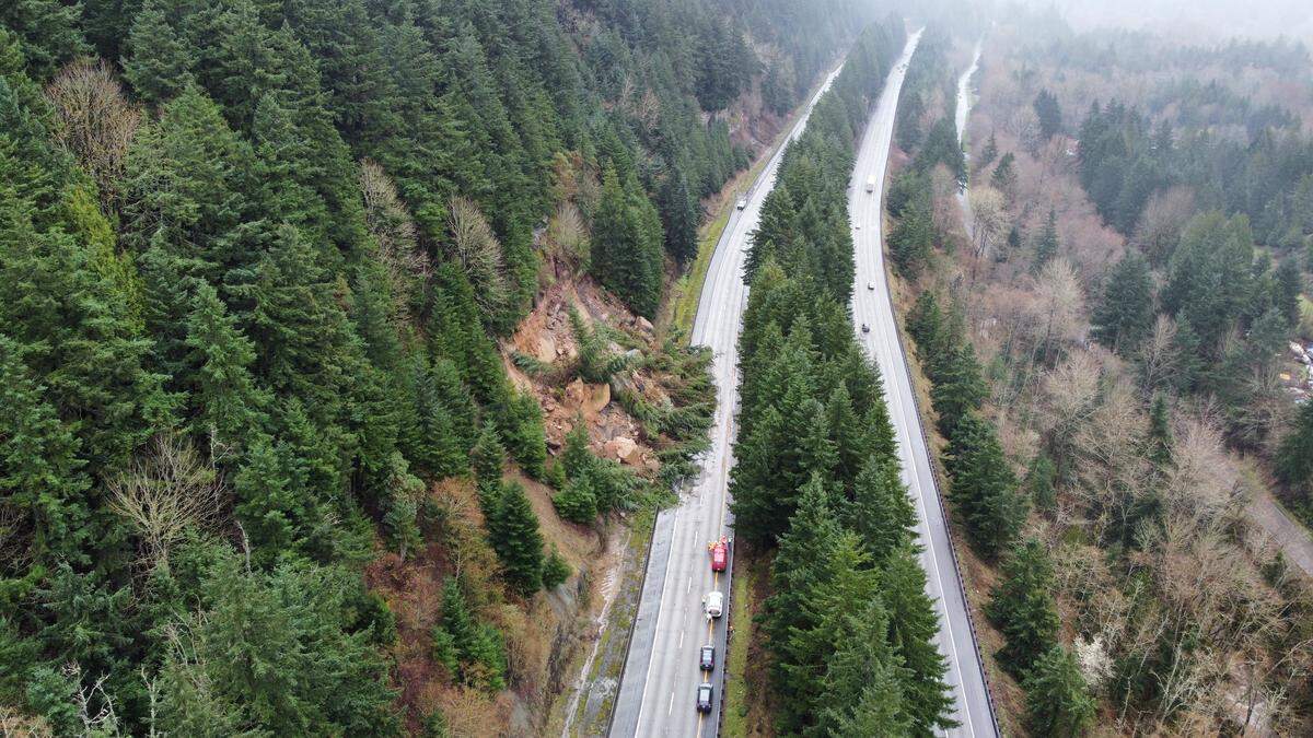 An aerial image shows the landslide that closed I-5 northbound south of Bellingham on March 19, 2026.