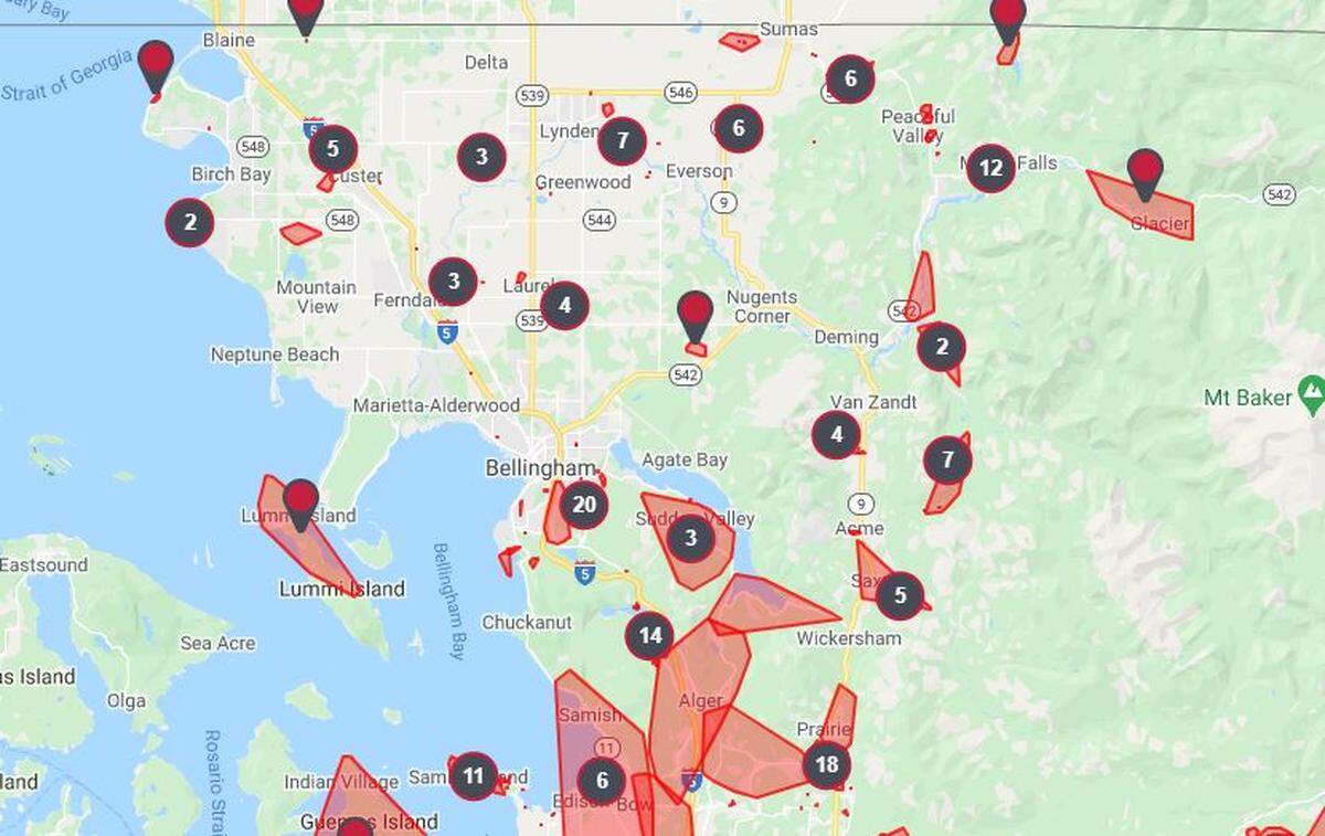 Puget Sound Energy power outage map at 7:15 a.m. Wednesday, Jan. 13, shows some of the 1,482 outages reported after a late-night wind storm. At the time, 291,470 customers in the northwest were impacted.