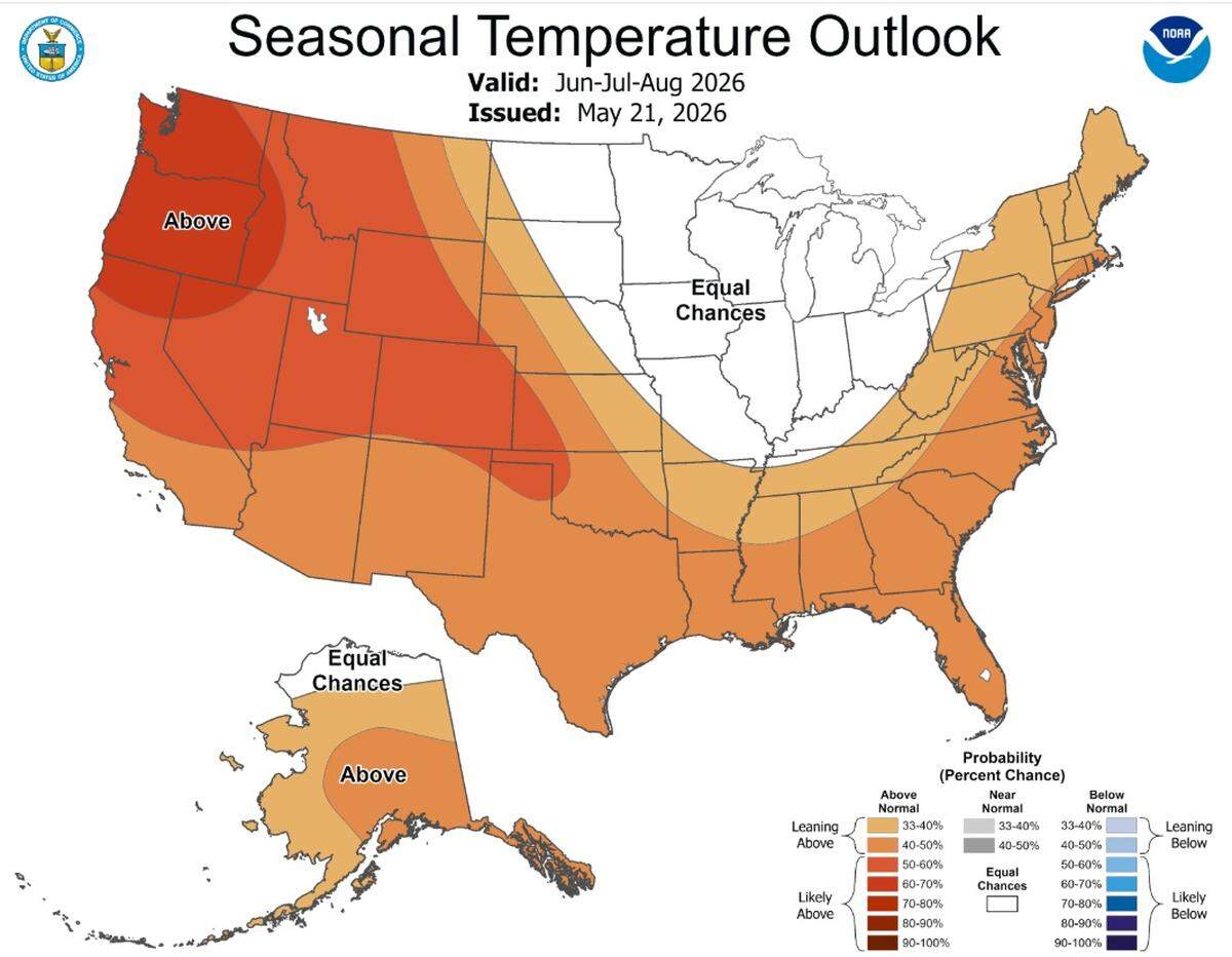 The U.S. Climate Prediction Center forecast for summer shows a greater chance of warmer summer temperatures.