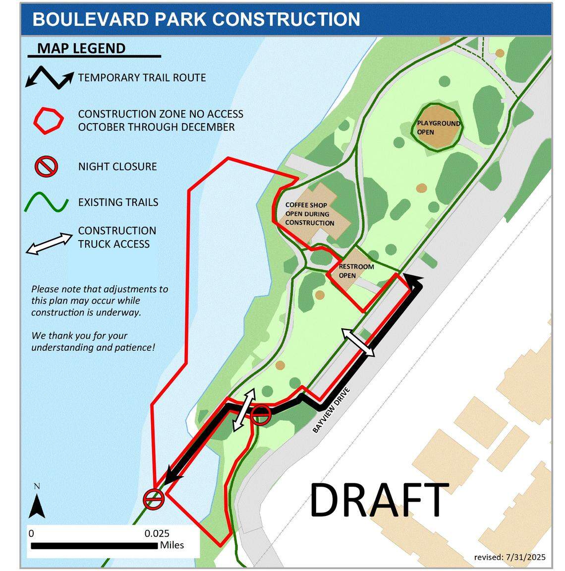 A map of Boulevard Park shows the location of construction work and a detour in the South Bay Trail, which goes through the park. 
