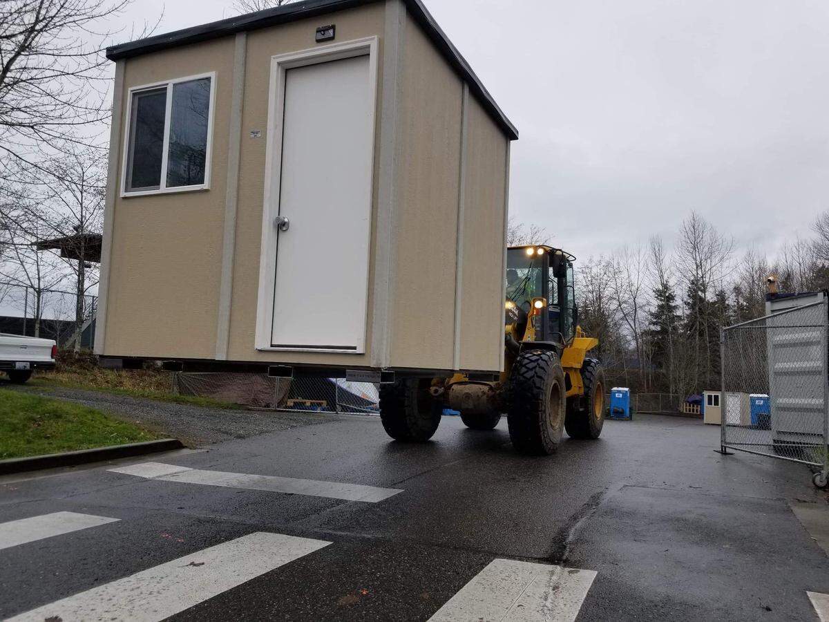 A modular home, made by 360 Modular in Ferndale, is placed at Swift Haven camp at Frank Geri Fields in Bellingham, Wash.