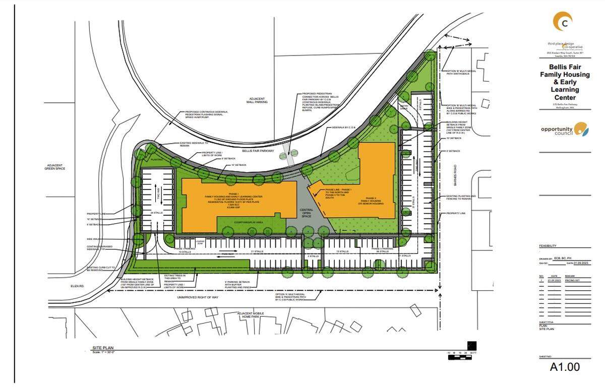 A preliminary site plan shows the layout of a planned affordable housing project and childcare center next to the Bellis Fair Mall in Bellingham. The project is expected to be completed in 2026.