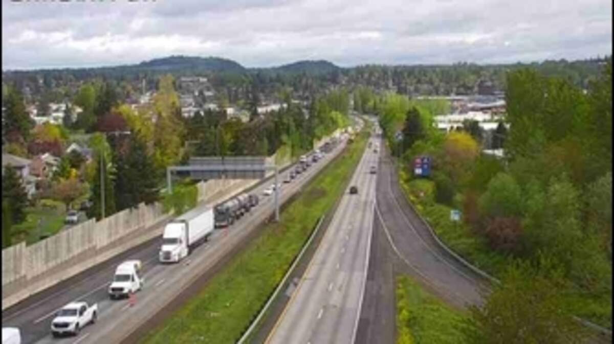 Traffic is backed up southbound on I-5 during shoulder maintenance.