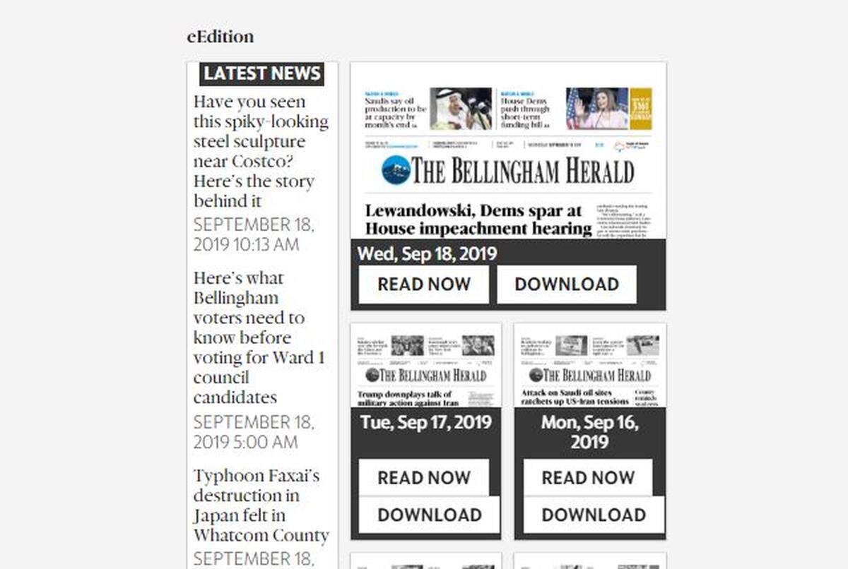 The eEdition title is on the new landing page. Scroll down to see the current or past 13 newspapers. The landing page also includes links to the latest news on the website.