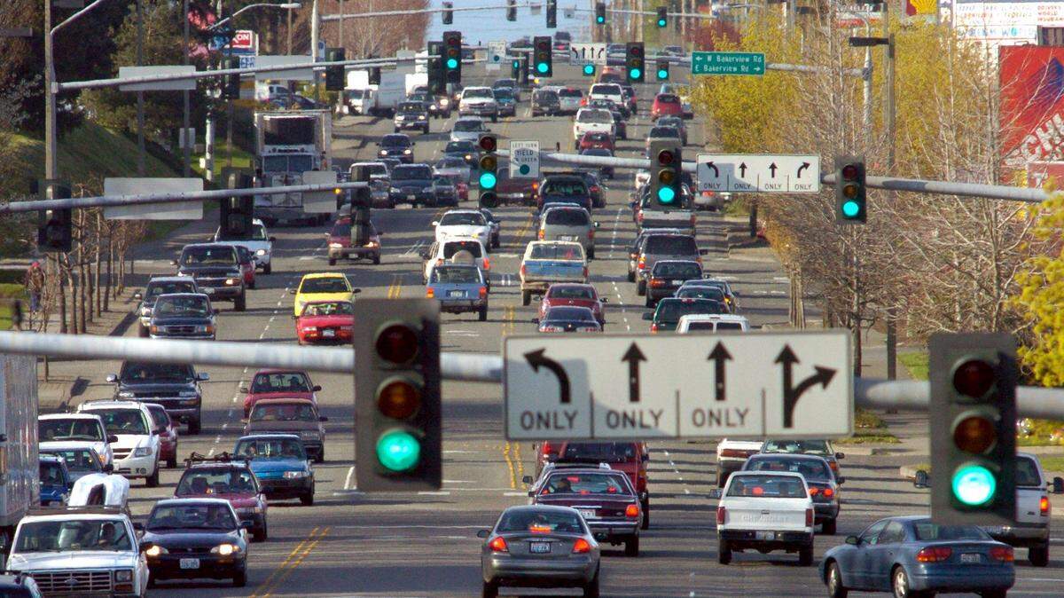 Traffic was busy on Meridian Street, north from Interstate 5, in April 2005. About 20 years ago, transportation planners in Bellingham and elsewhere began to shift their focus from a car-oriented level of service to a mixed plan that makes roads accessible for a range of uses.