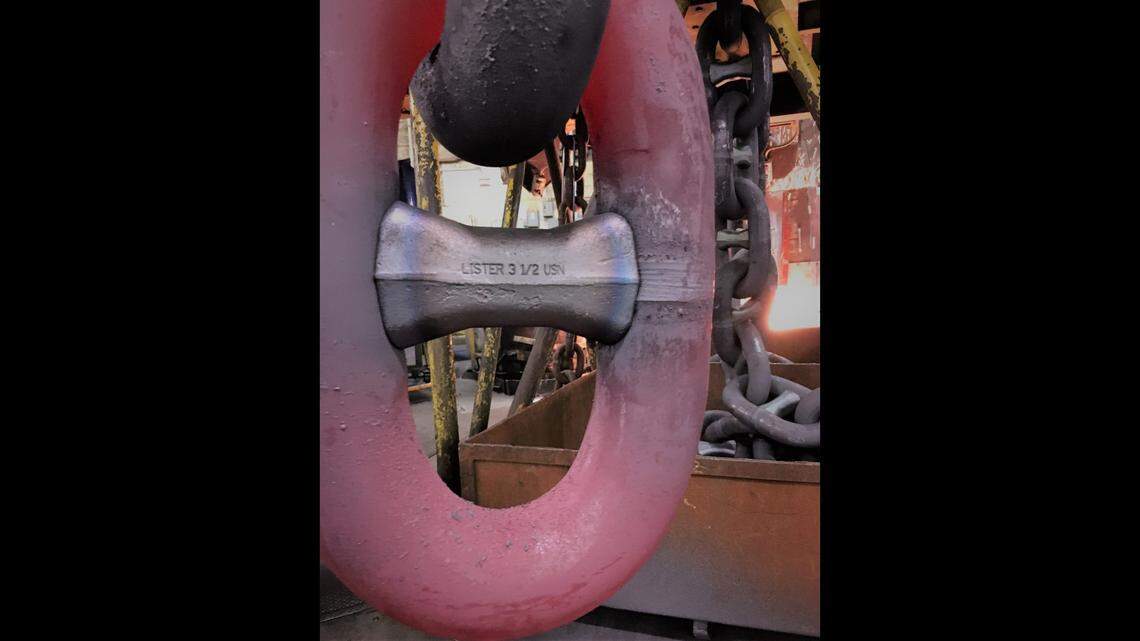 A complete chain link that’s 3.5 inches in diameter is manufactured by Lister Chain & Forge. The Blaine manufacturer may be impacted by a recent contract change by the U.S. Department of Defense that will allow for some ship anchor chains to be made overseas.