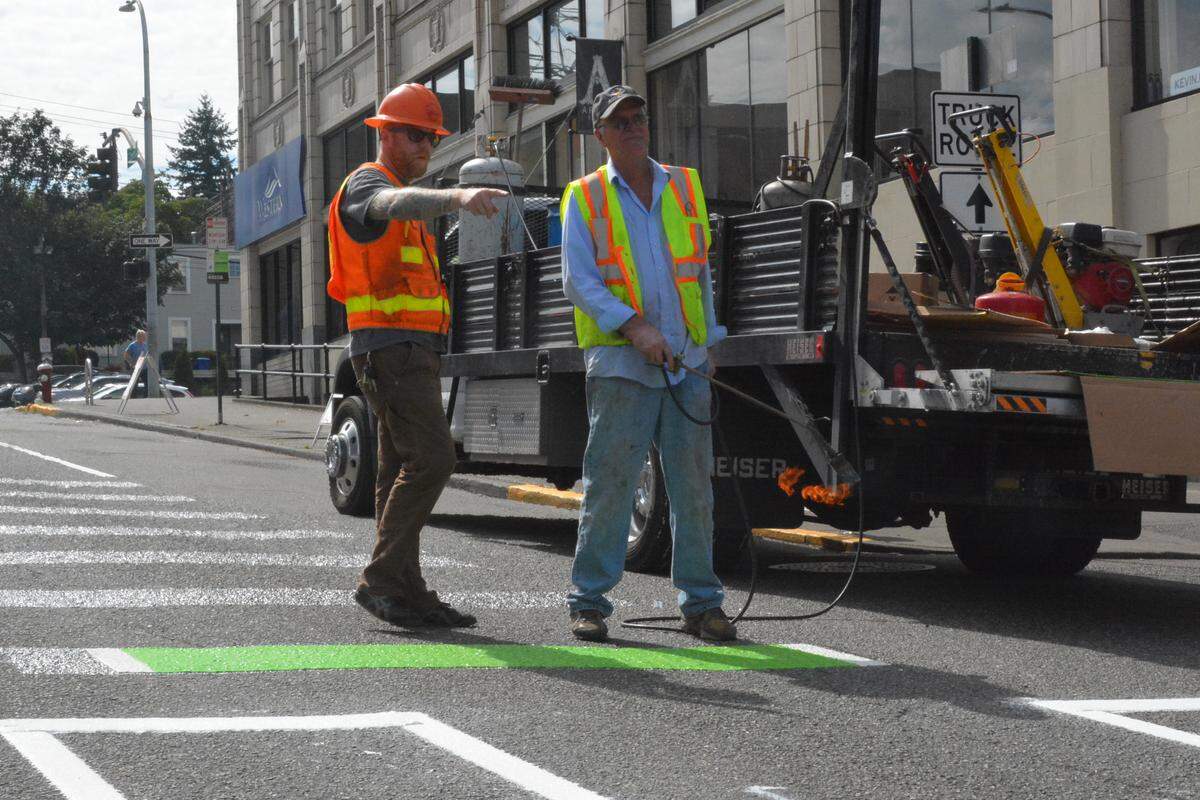 A bike box is installed in summer 2019 on Chestnut Street near State Street in downtown Bellingham. A new National Transportation Safety Board report says “motorists overtaking bicyclist ”were by far the leading cause of bike fatalities between 2014 and 2016 nationally.