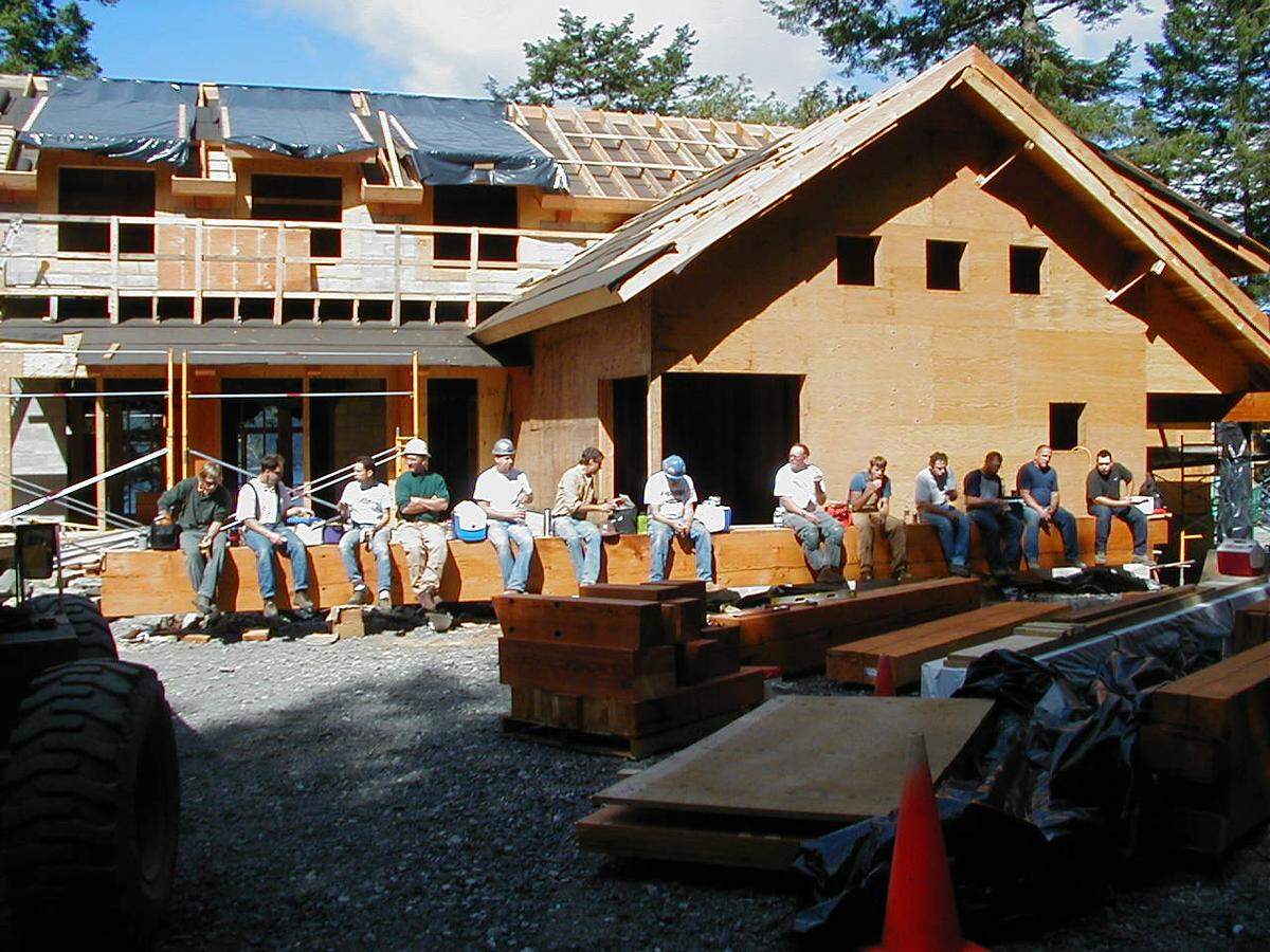 Workers take a break during construction of Madroneagle. Pearson Construction of Bellingham was the contractor for the house, which was built in 2007.