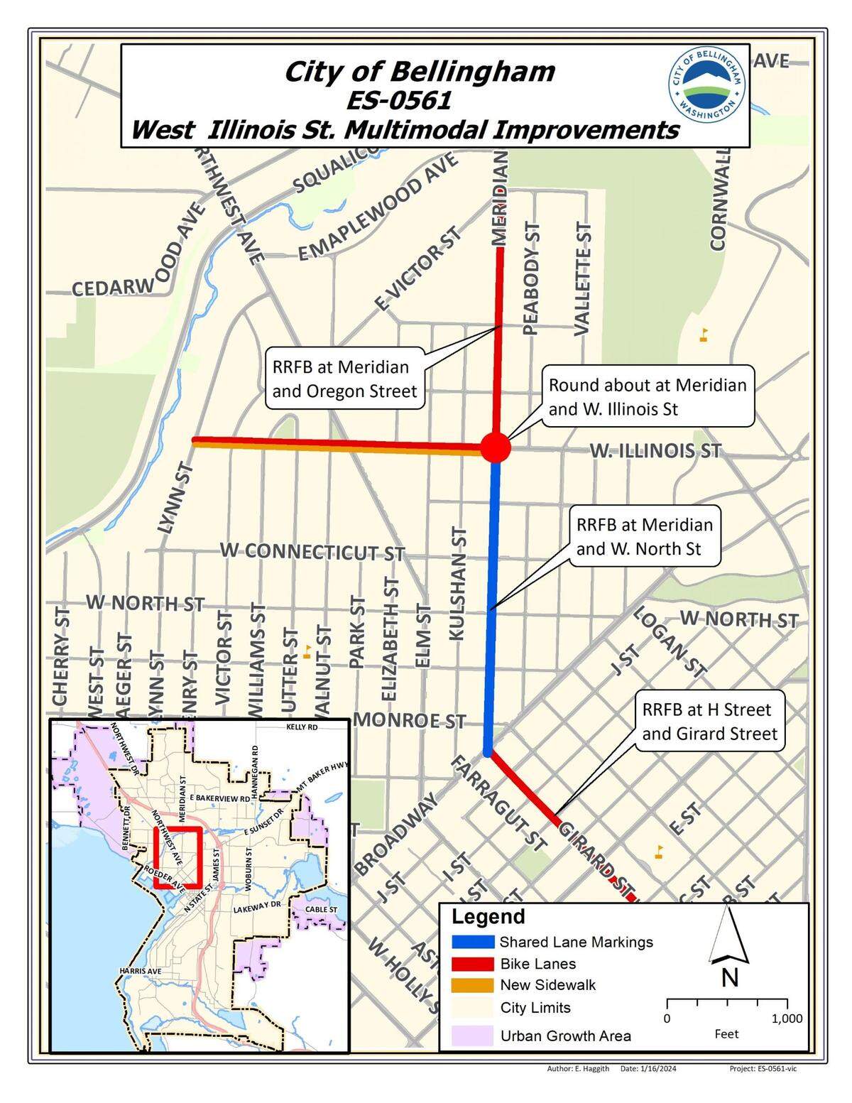 A city of Bellingham map shows where street constructin is planed for bike lanes, sidewalks, a roundabout and crosswalks with flashing lights.