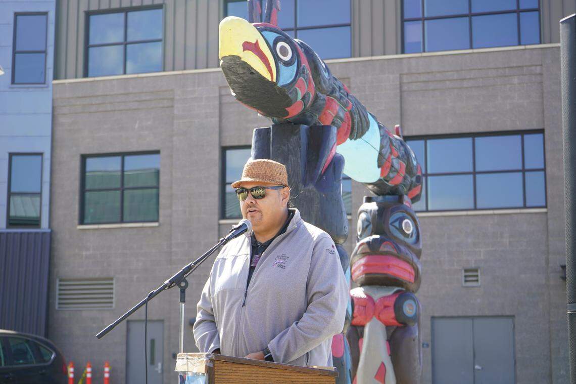 Lummi Indian Business Council Vice Chair Terrance Adams thanked the Port of Bellingham at the dedication ceremony for supporting the installation of the Lummi Carver’s Double Thunderbird at Bellwether Plaza on Thursday, Sept. 22, in Bellingham.