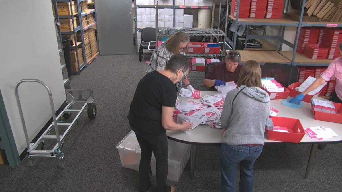 In this screen grab from video, Whatcom County Auditor Diana Bradrick, at left, and other election workers sort ballots in the basement of the Whatcom County Courthouse on Wednesday.