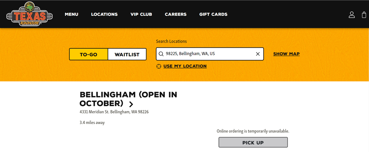 Screenshot of Texas Roadhouse’s website on August 7, 2024.