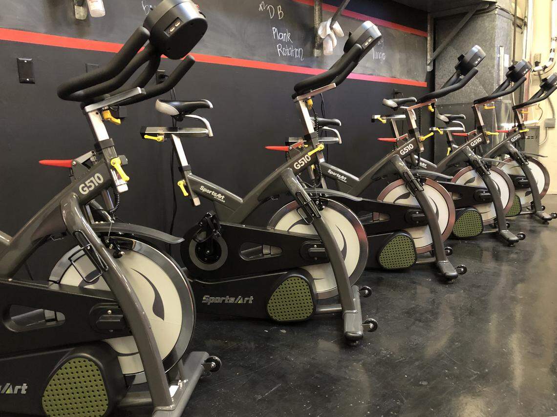 Five SportsArt Eco-Powr indoor cycles are ready to generate electricity in the 30-minute fit room at Fitness Gear & Training in Bellingham Monday As they are used, they capture 74% of the workout energy, which puts electricity back into the grid.