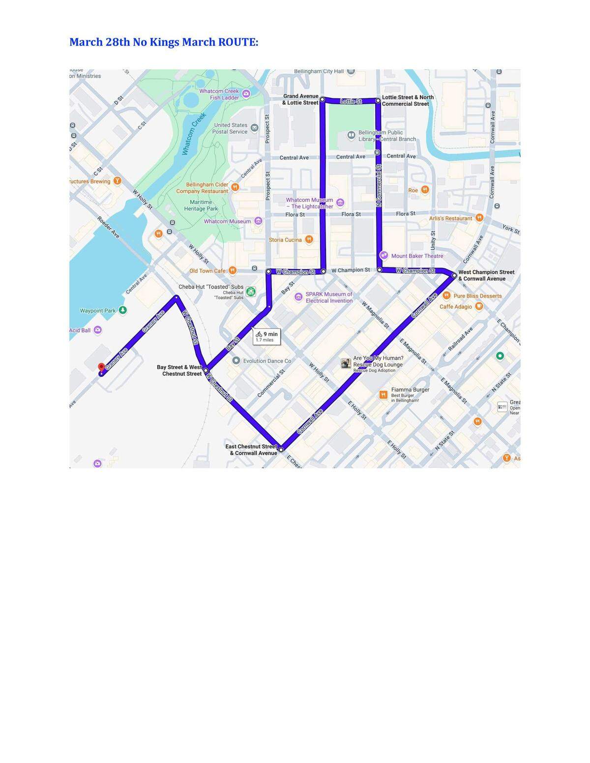 A map shows the route of the planned No Kings march through downtown Bellingham on Saturday, March 28.