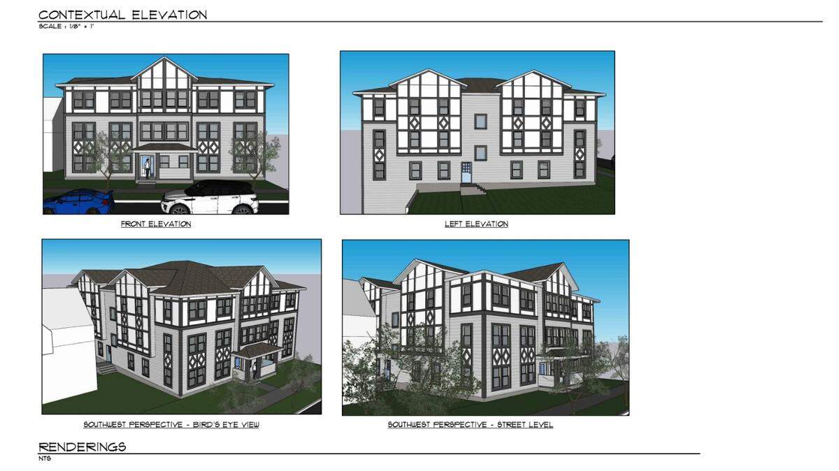 A rendering shows the proposed design of the 1205 N. Garden St. Apartments in Bellingham that are expected to be completed in August of 2024. The development is being built on the site of the historic J.J. Donovan house, which was built in the late 1800s.