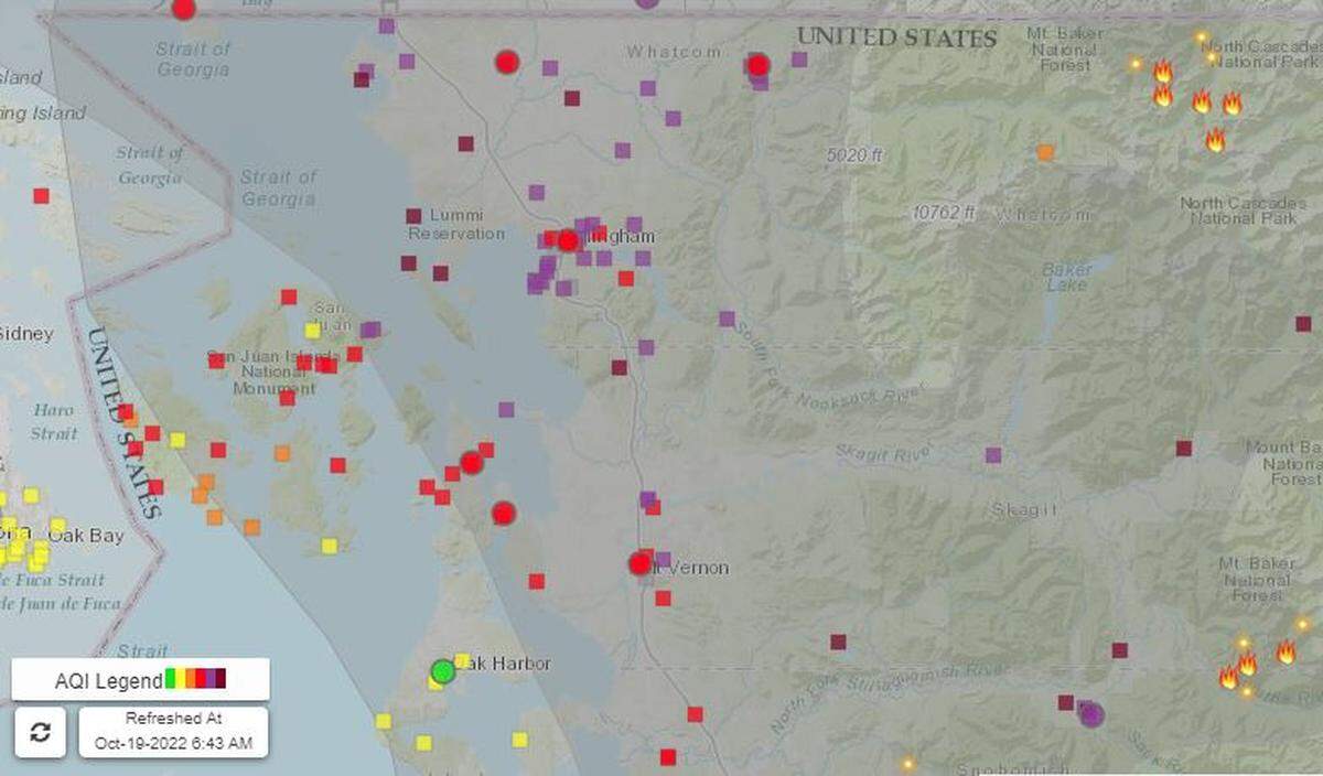 Northwest Clean Air Agency map shows Whatcom County with unhealthy and very unhealthy readings near 7 a.m. Wednesday, Oct. 19.