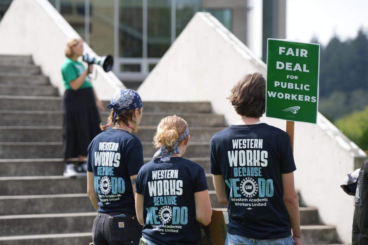 Members of Western Washington University’s employees’ union, Western Academic Workers United (WAWU-UAW), joined the Washington Federation of State Employees walkout in solidarity on Tuesday, September 10, 2024, in Bellingham, Washington.