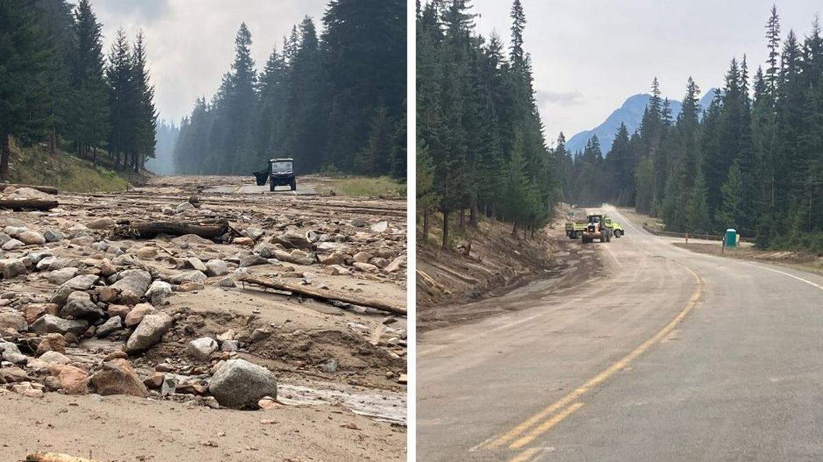An undated photo at left shows a mudslide from the Easy Fire covering Highway 20 east of Newhalem . At right is a photo of the cleared roadway.