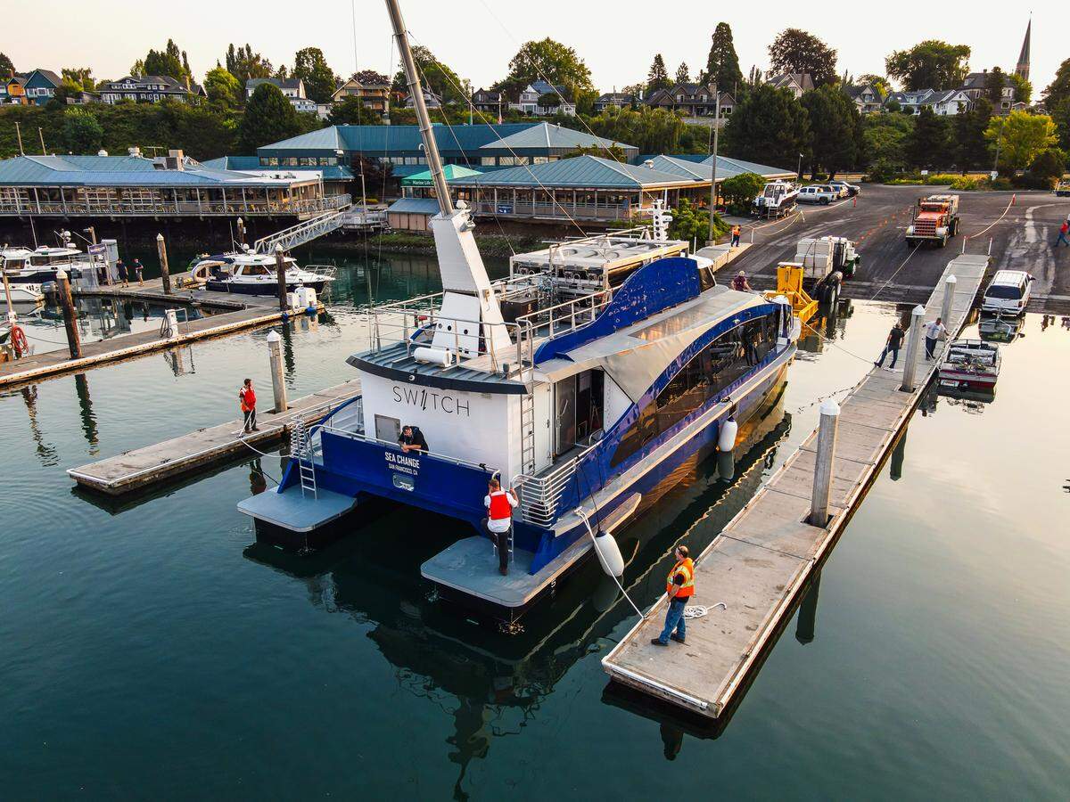 Sea Change, a 70-foot-long ferry that can hold 75 passengers, was developed by All American Marine and SWITCH Maritime to test and prove the viability of hydrogen fuel cell technology in the commercial maritime industry. It was launched Thursday, Aug. 12, 2021, at Squalicum Harbor in Bellingham, Wash.