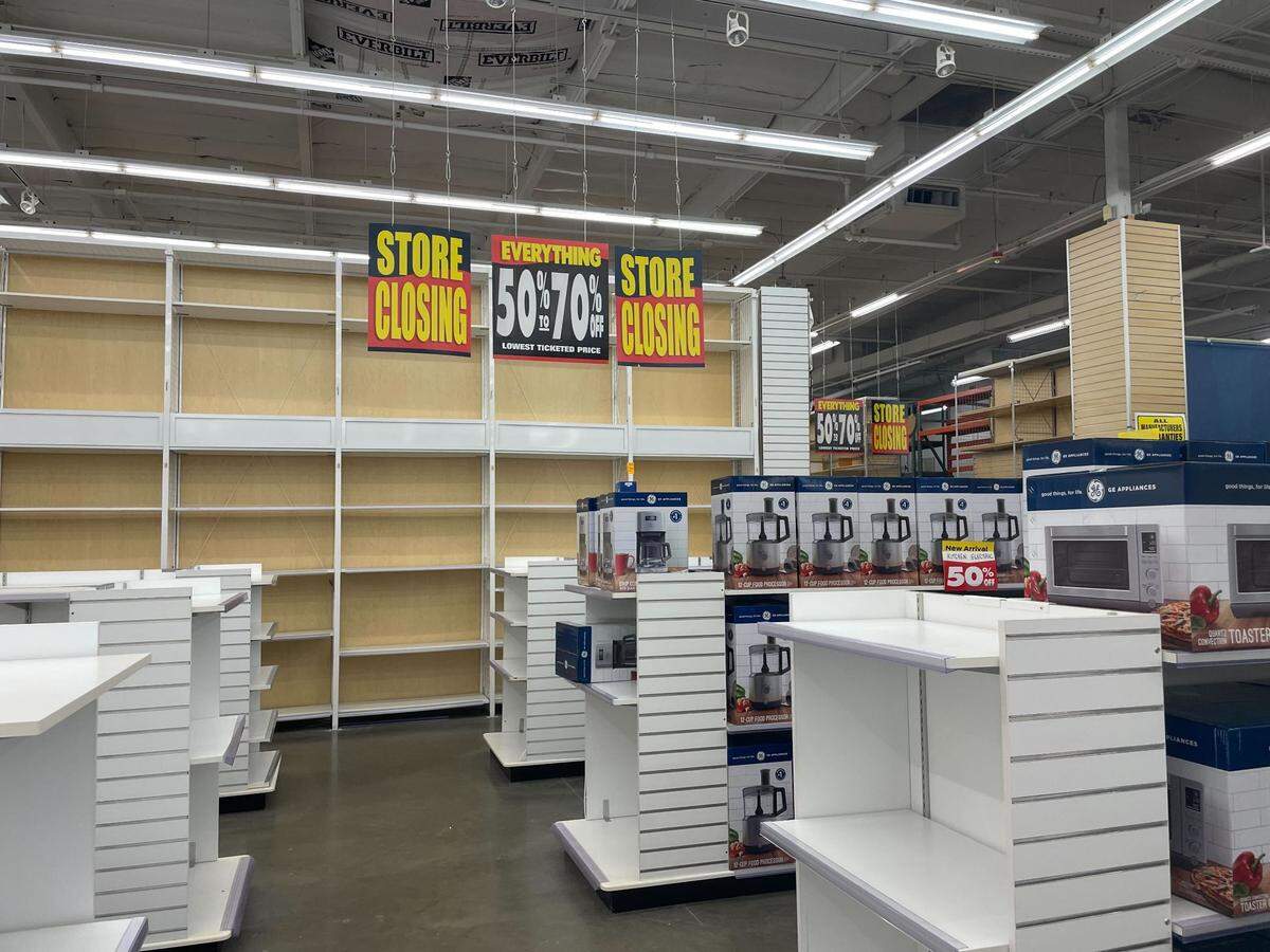 Shelves are emptying at the closing Bed Bath and Beyond store on Wednesday, April 5, at 4255 Meridian St. in Bellingham.
