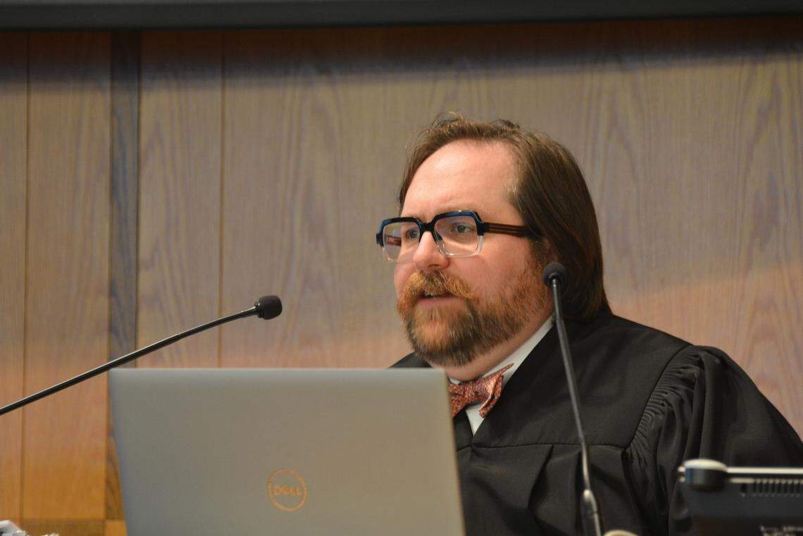 Whatcom County Superior Court Judge David Freeman presides over the first day of adjudication hearings in the state Department of Ecology lawsuit to determine water rights in Whatcom County Resource Inventory Area 1, which includes the Nooksack River, its tributaries and aquifer, on June 26, 2024, in the Whatcom County Council Chambers.