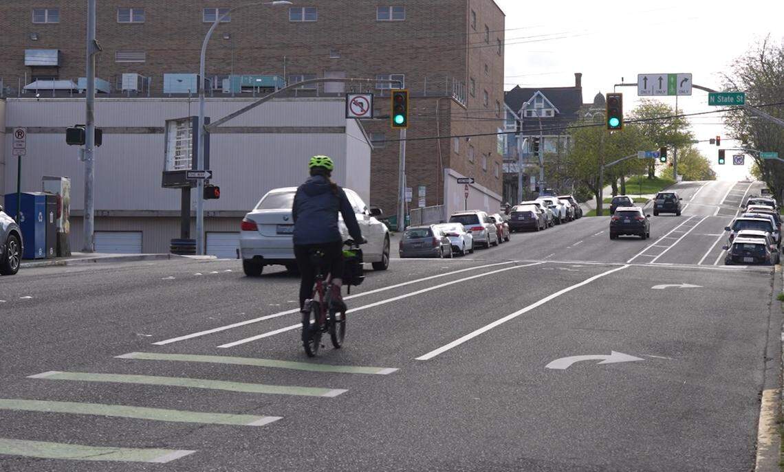 A cyclist uses the bike lane on E Chestnut Street on April 3, 2025, in Bellingham, Wash. 