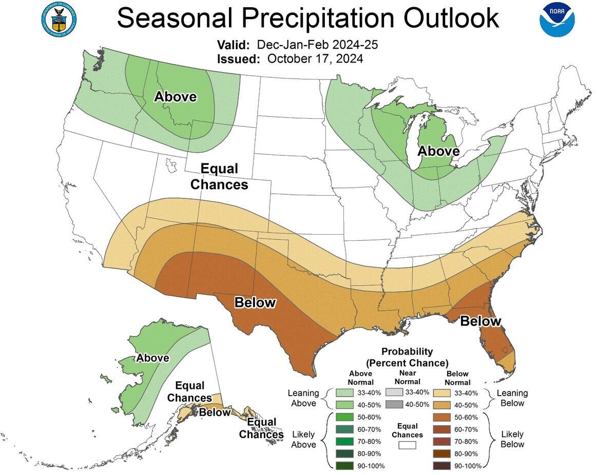 NOAA’s 2024-2025 winter outlook, released in Oct., shows above average participation expected in most of Washington state.