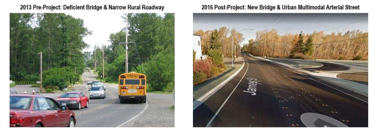 Two views of James Street near Sunset Pond show how the road looked when it was annexed into the city of Bellingham, left, and how it looked after reconstruction to urban road standards.