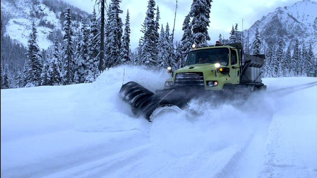 A Washington State Department of Transportation snow plow is shown on Nov. 12, 2023, on state Highway 20.