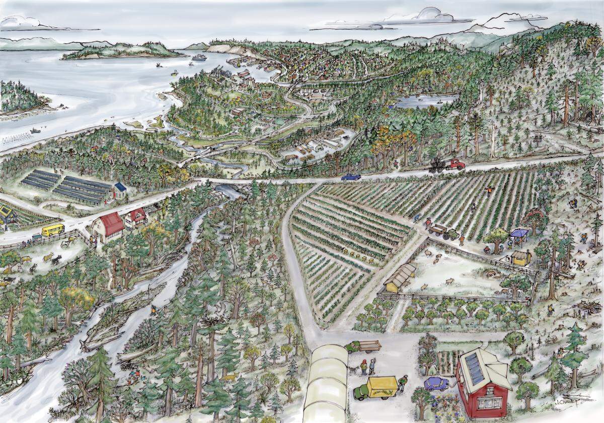 The Climate-Resilient NW Washington initiative, illustrated by artist Jane Chavey, imagines a world in which bold climate action has been taken.