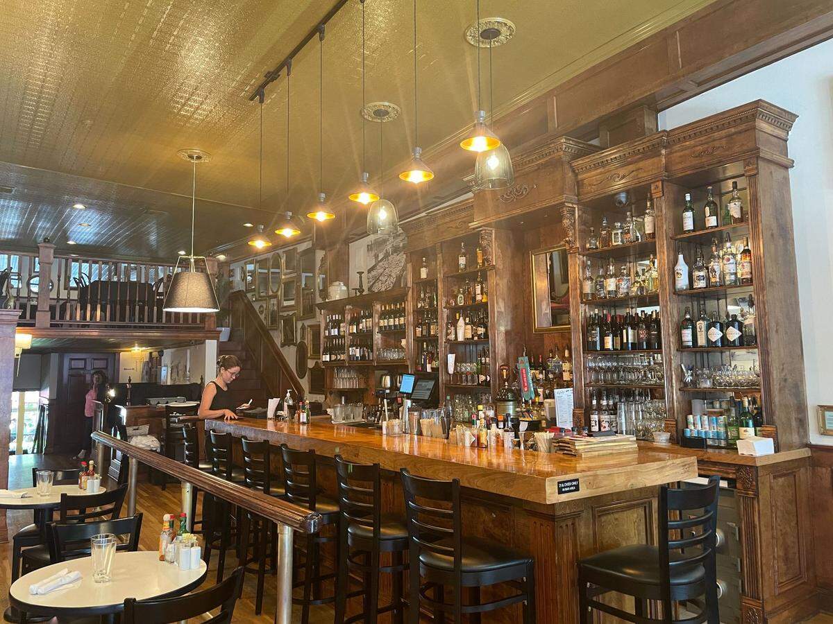 Skylark’s Hidden Cafe’s antique wooden bar area in Bellingham.
