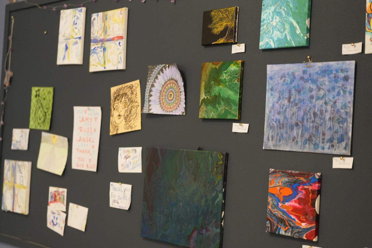 Art created by members is on display at the Recovery Café on January 22, 2025, in Bellingham, Wash.