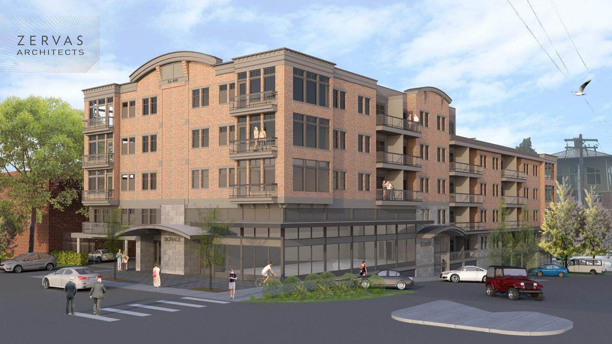 A rendering by Zervas Architects on a proposed new project at McKenzie Avenue and 11th Street in Fairhaven. The proposed project will have 59 apartment units and commercial space.