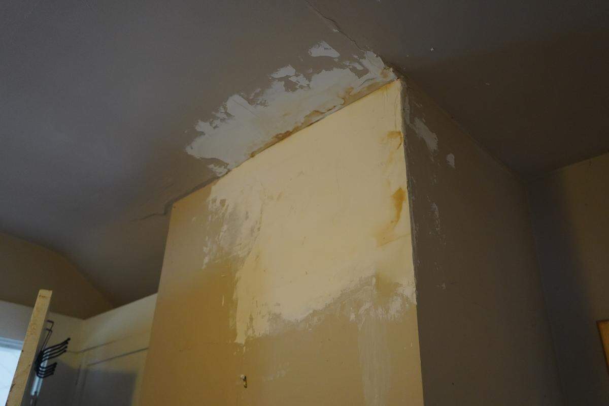 A wall with water damage was been painted over at the rental unit at 1210 Ellis St. A city inspection determined the home had 12 code violations.
