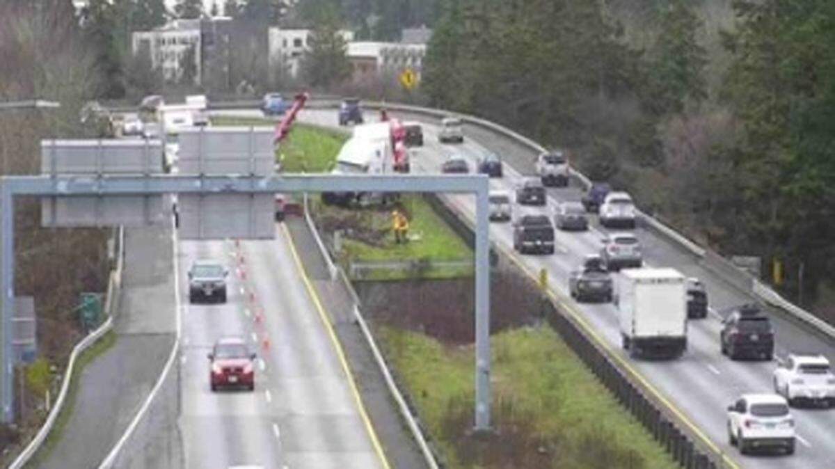 A collision involving a semi-truck on I-5 northbound just south of Lakeway Drive was blocking the left lane Wednesday, Dec. 27, 2023, in Bellingham, Wash.