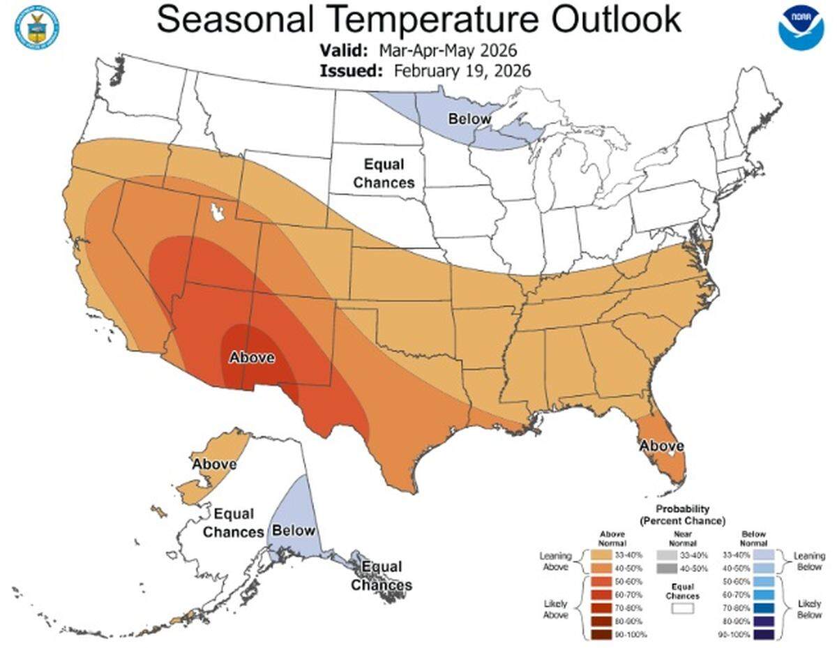 The National Weather Service forecast for the spring months of March, April and May shows temperatures and rainfall close to seasonal norms.