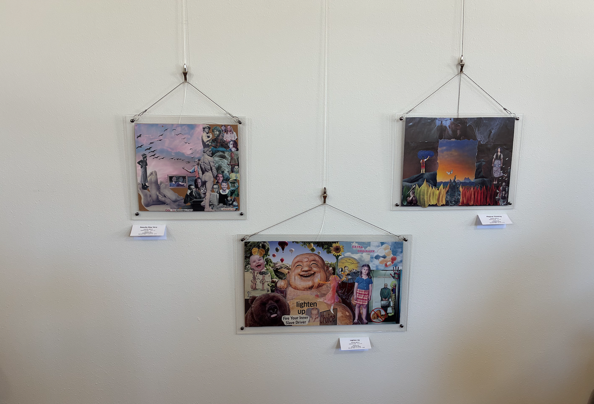 Collages made by Alicia Wills line the walls of the It’s About Time art gallery in Ferndale.