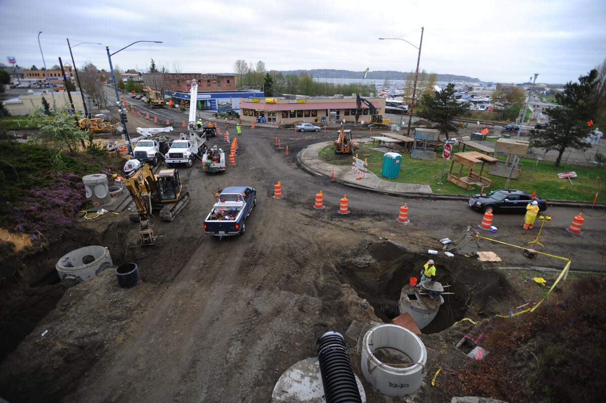Construction crews work on one of two roundabouts on D Street at Interstate 5 in Blaine in the spring of 2010.