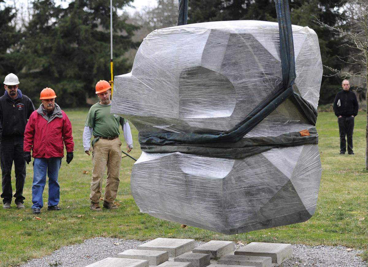 “Nootka” a ten ton blue marble sculpture made by Vancouver, B.C. artist David Marshall is placed in Cornwall Park in 2014. Through the efforts of the non-profit Sculpture Northwest, Nootka was donated to the city of Bellingham by Marshall’s widow Carel Marshall.
