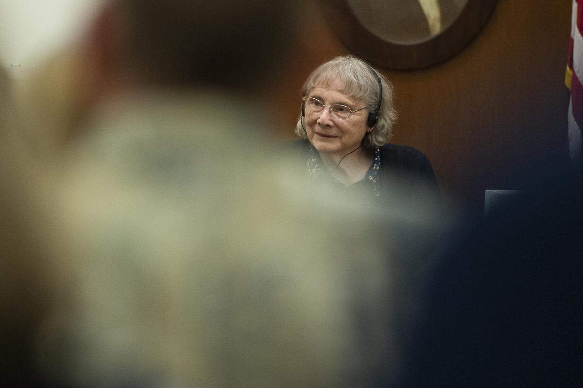 Mary Stavik, the 82-year-old mother of Amanda “Mandy” Stavik, stands as the jury enters the courtroom in Whatcom County Superior Court May 13 during Timothy Bass’ trial for first-degree murder related to the 1989 alleged abduction, rape and death of 18-year-old Mandy Stavik.