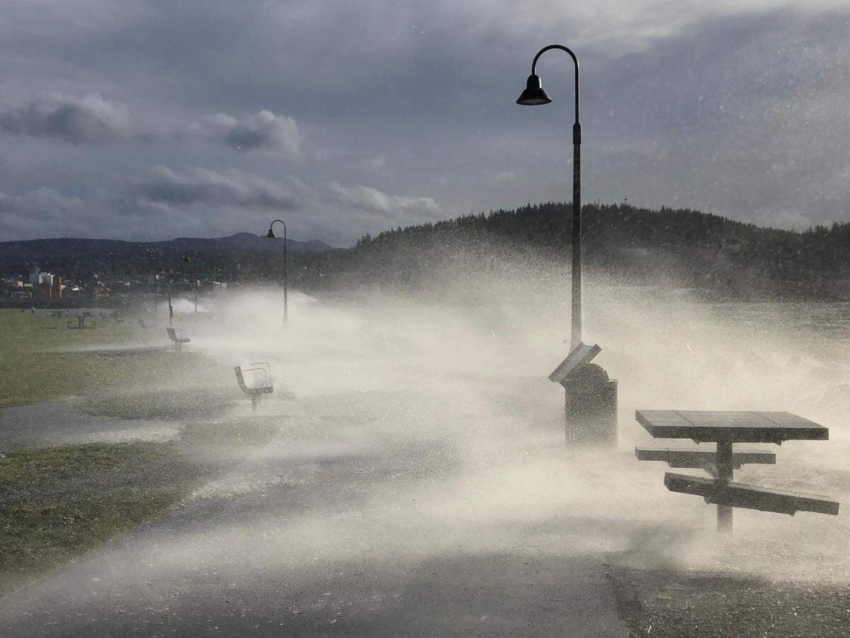 Waves off Bellingham Bay splash on the shore at Zuanich Point Park in Bellingham as a wind storm pounds Whatcom County Dec. 20.