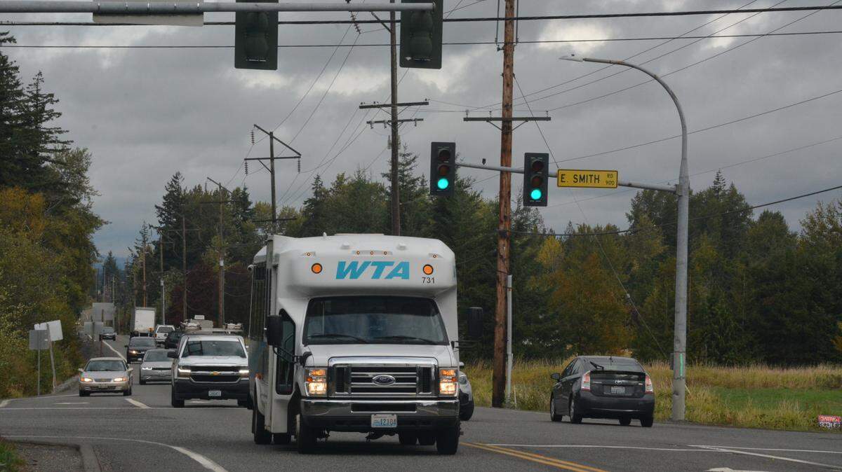 Traffic on Hannegan Road flows past East Smith Road about 2 miles north of Bellingham in September 2023. A roundabout is planned for the intersection this summer.