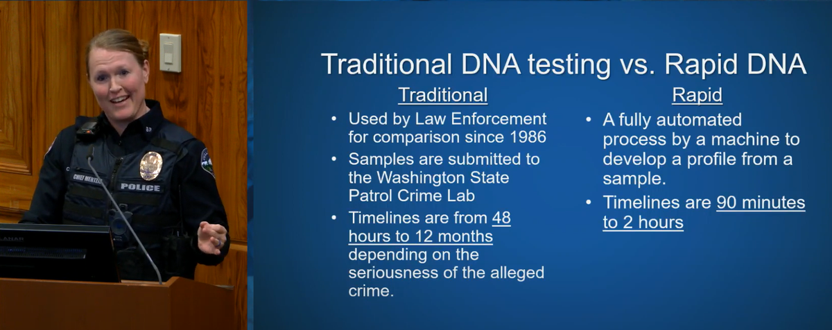 In a screenshot from a streaming video, Bellingham Police Chief Rebecca Mertzig explains the benefits of rapid DNA testing in a presentation to the City Council on Monday, Feb. 26, 2024, at City Hall in Bellingham, Wash.