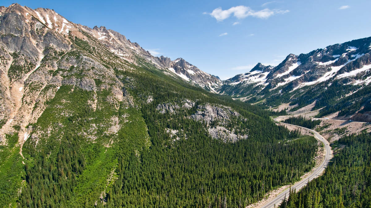 The North Cascades Highway traverses the Cascade Range in an east-west direction.
