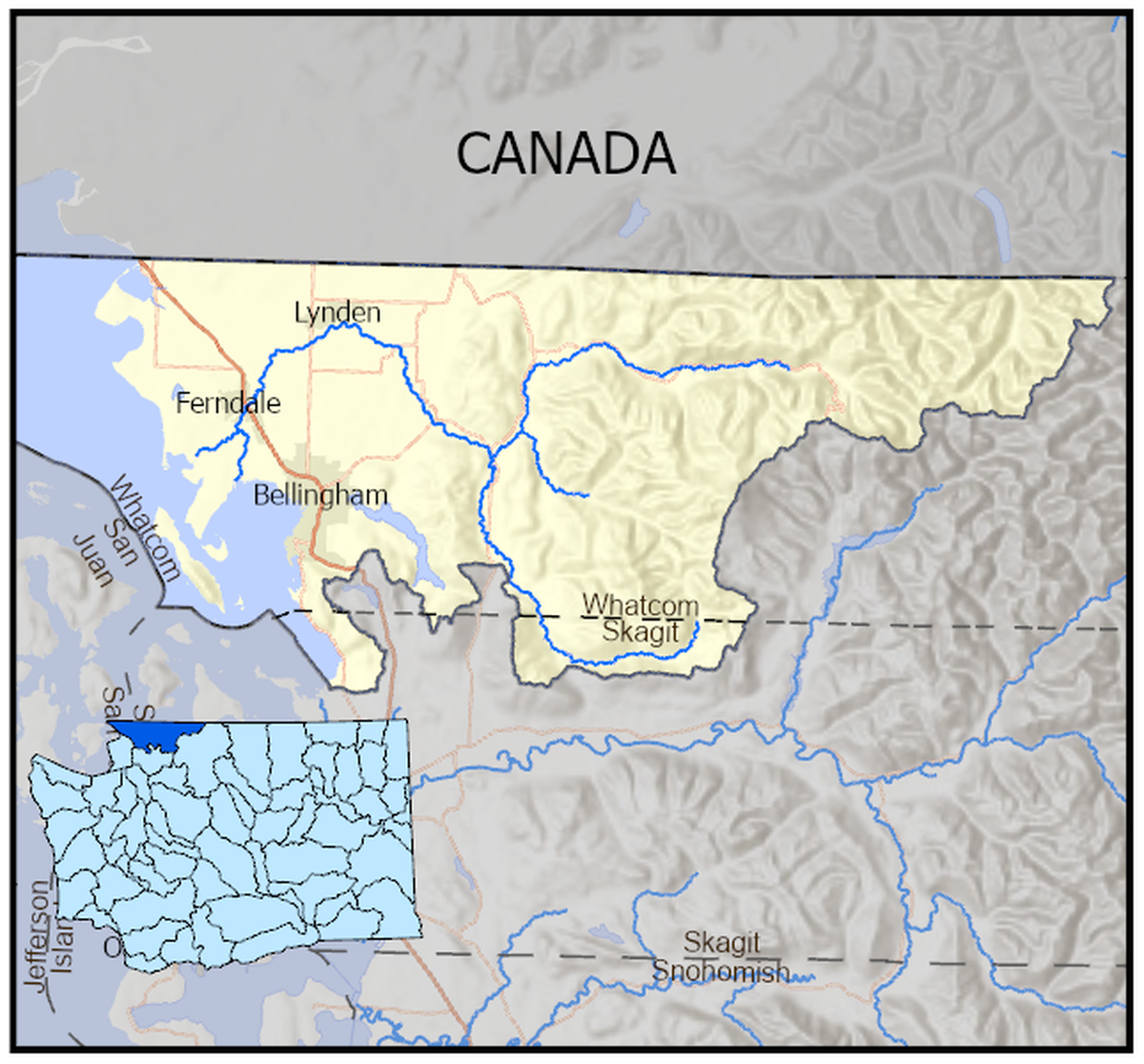 The Nooksack Watershed, also known as WRIA 1, is defined as the area that drains to the Nooksack River, but also includes the Sumas River. It lies in the western portion of Whatcom County and small portions of Skagit County.