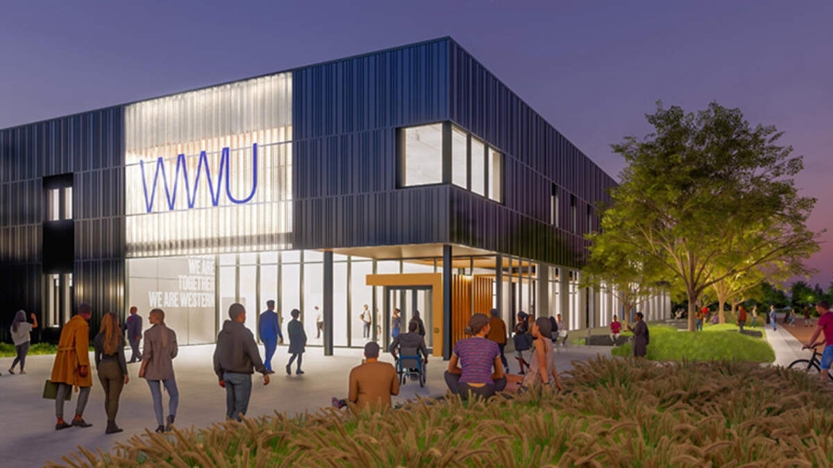 A rendering shows the finished design of Western Washington University’s planned Western Welcome Center in Bellingham, Wash. The building is expected to be completed by the fall of 2027.