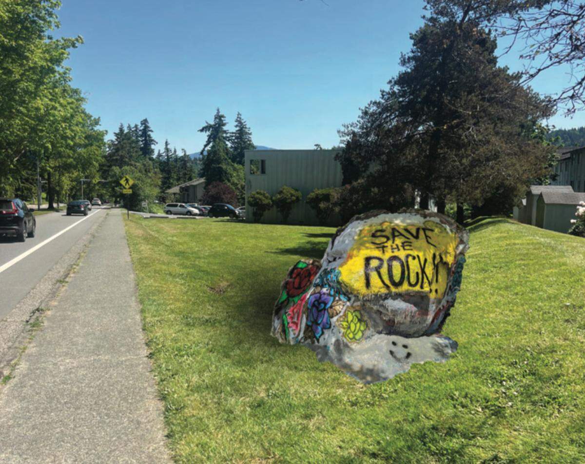 The Bellingham Rock is shown along Bill MacDonald Parkway in Bellingham in a fabricated image as part of a digital presentation that Bellingham resident Frank Youngblood is proposing to the city of Bellingham and the Washington State Department of Transportation.