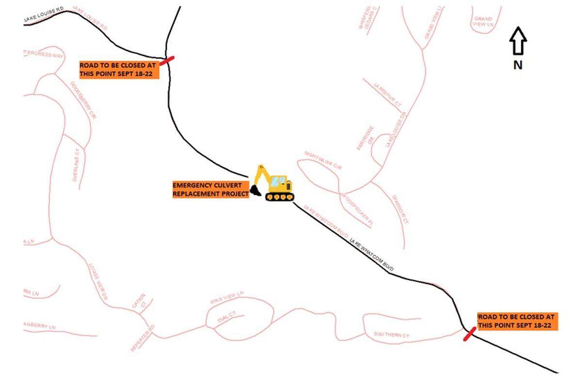 A drawing shows where Lake Whatcom Boulevard will be closed the week of Sept. 18-22.